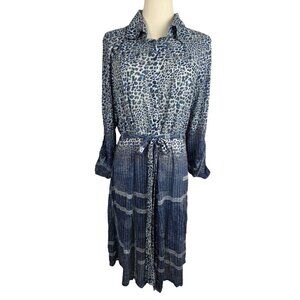 David Cline Shirt Dress XL Blue Lake Leopard Print Snap Front Tie Belt Casual
